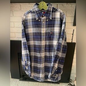 Tommy Hilfiger Men's Navy and White Plaid Shirt